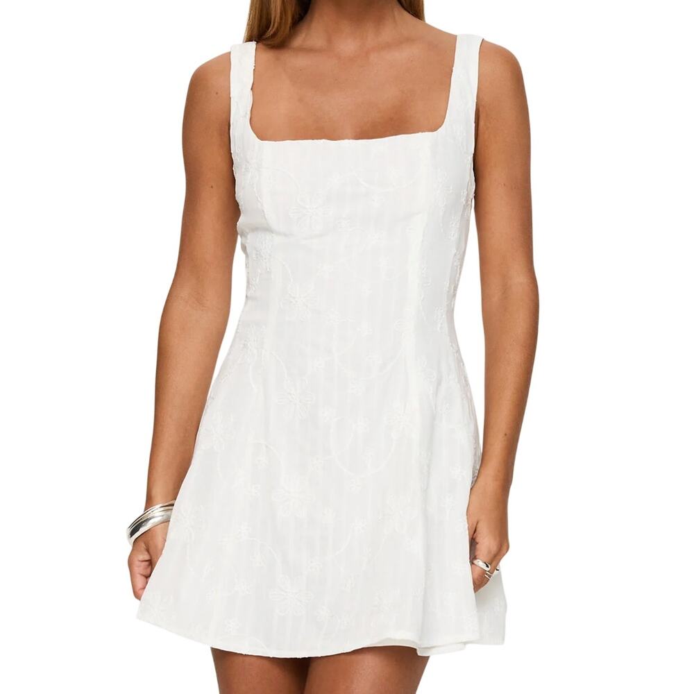 Princess Polly NEW White Embroidered Floral Feminine Romantic Flirty Mini Dress